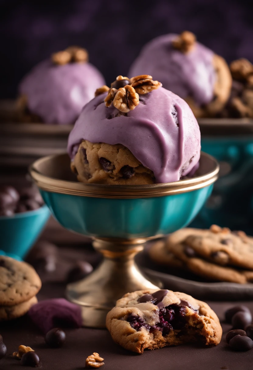 Cookie, Cookie cookie, chocolate, with grape ice cream, chocolate chip cookie with chocolate chips and walnuts, (cookie with grape  ice cream por cima), realisitic, high resolution, 4K, scenario (not nature), Cookies de chocolate with grape ice cream, professional foto, best photographer in the world, grade, optical zoom, cookies com sorvete de uva,  cookies com sorvete roxo, cookie com sorvete de uva 