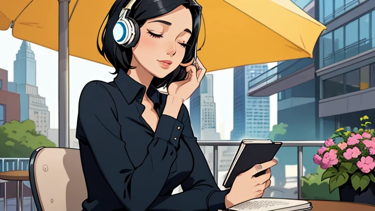 Beautiful woman in her 30s with black hair is sitting with headphones on the cafe terrace. Looking down, eyes closed, LOFI girl, alone in the room, blue blouse, relaxing mood, cozy, only five fingers, new york, colorful, Well-proportioned face, book