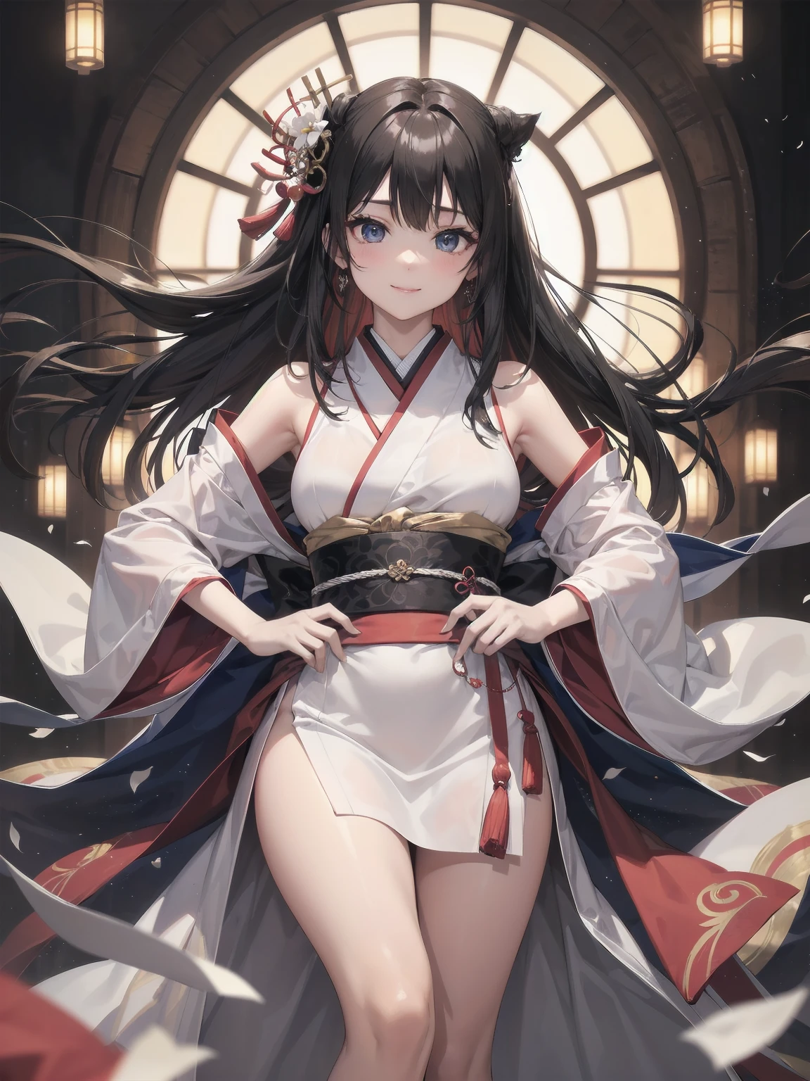 Masterpiece、high quality、high resolution、Girls, One, Solo, Cute Hair, Her appearance is the very epitome of the Japanese ideal of beauty. First of all, her hair is shiny black, moist and textured, and goes straight down to her shoulders. Her hair creates beautiful ripples whenever it sways in the wind and shines like silk in the light. Her skin is translucent white, smooth like china and feels cool to the touch. Her eyes are a deep brown colour, imbued with gentleness and intelligence, and when you gaze into them, you feel at peace. Her high, well-defined cheekbones and the clean line of her nose enhance her face, and her mouth is discreet but attractive when she smiles. Her long eyelashes frame her eyes, and her blink of an eye is enough to capture people's hearts. Her style is slender yet moderately rounded, and she looks beautiful in any clothes she wears, whether Japanese or Western. Her behaviour is graceful and elegant, and her every gesture embodies the traditional Japanese sense of beauty. Her every movement is refined and her presence captivates everyone around her.