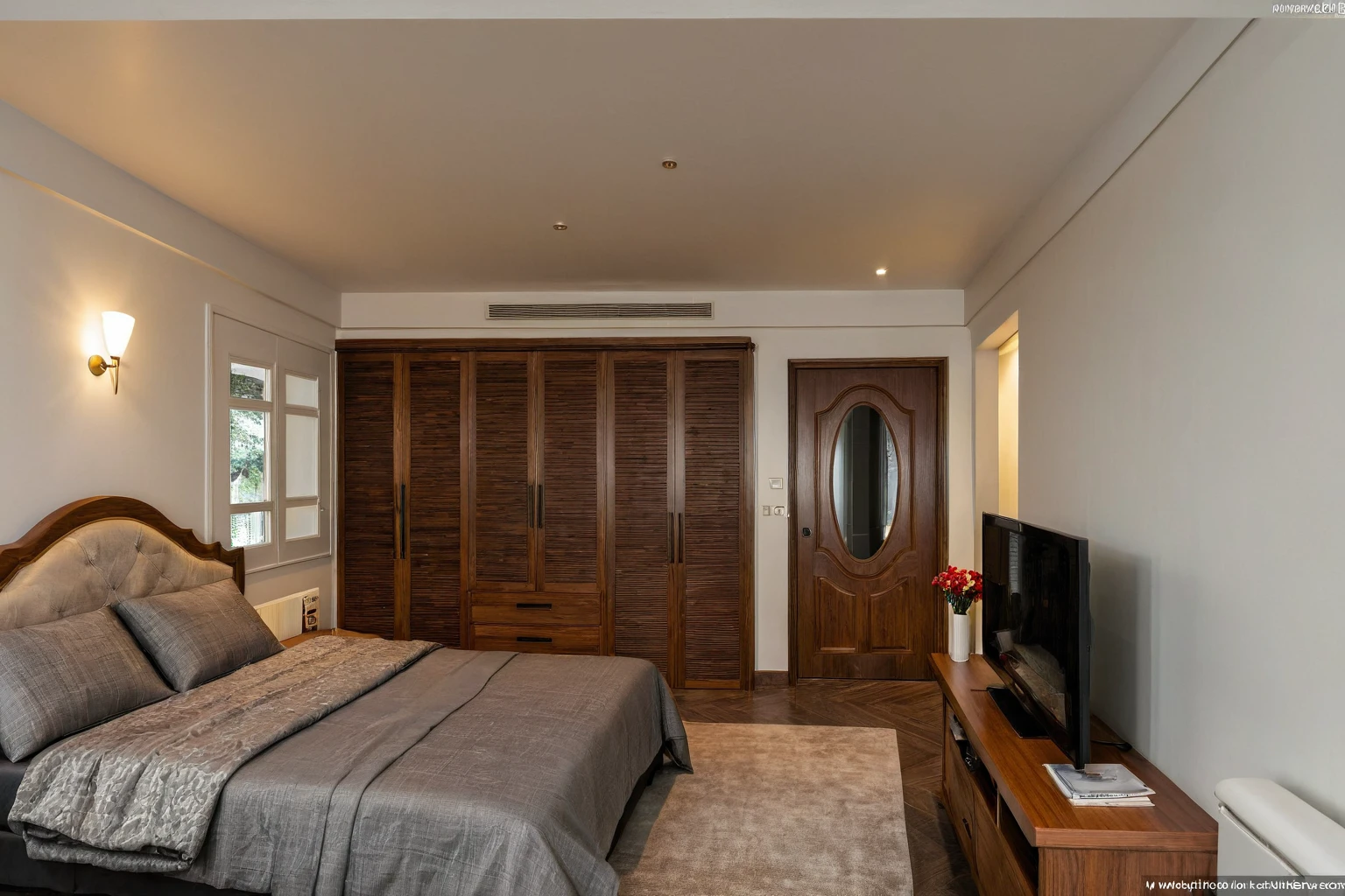 Raw photo,Masterpiece, high quality, best quality, authentic, super detail, interior, indoors, dinning room, kitchen room, style Indochine modern, minimalist line, aiaigroup , wooden, walnut veneer wood, led light, white paint wall, sofa, BED RooM