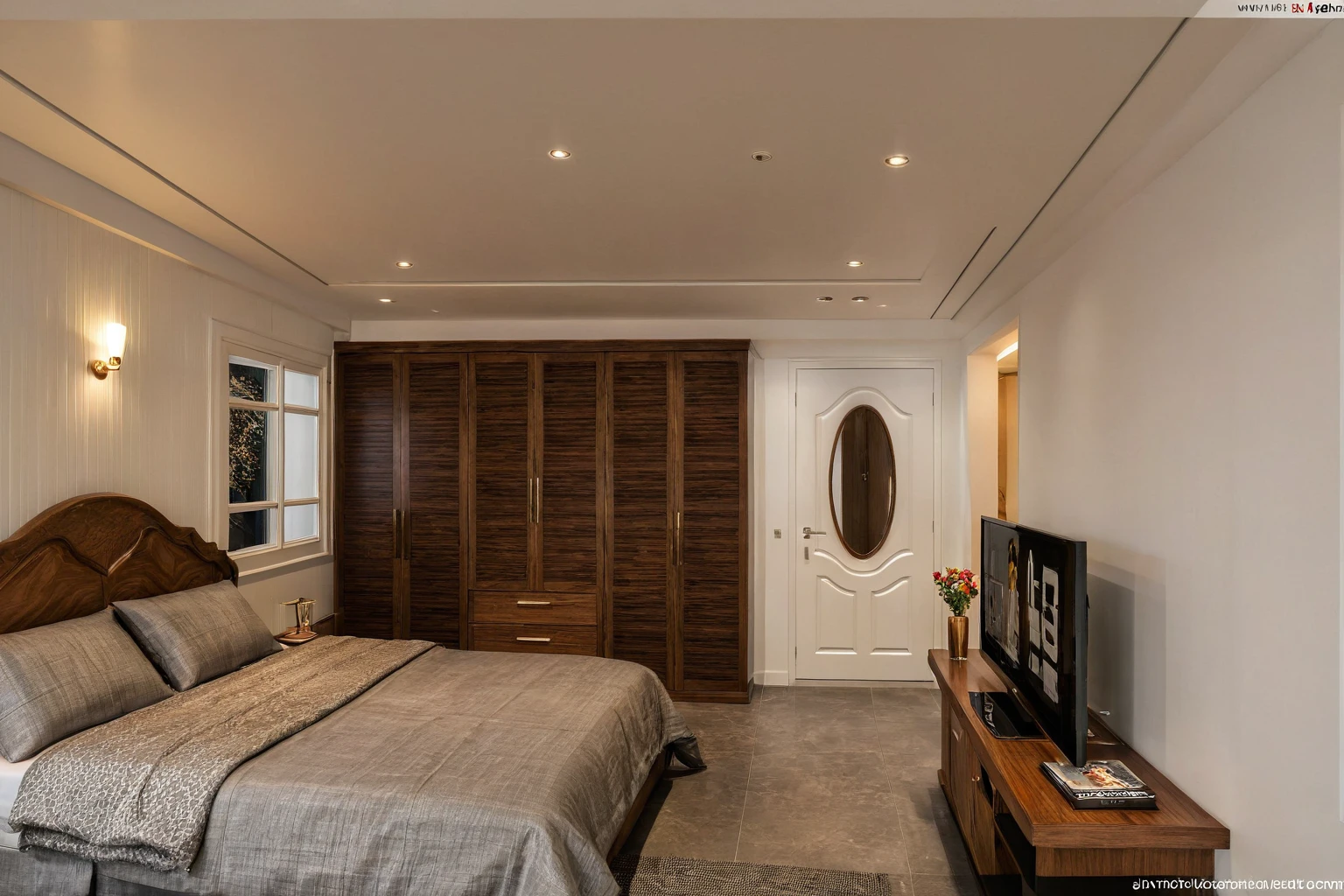 Raw photo,Masterpiece, high quality, best quality, authentic, super detail, interior, indoors, dinning room, kitchen room, style Indochine modern, minimalist line, aiaigroup , wooden, walnut veneer wood, led light, white paint wall, sofa, BED RooM