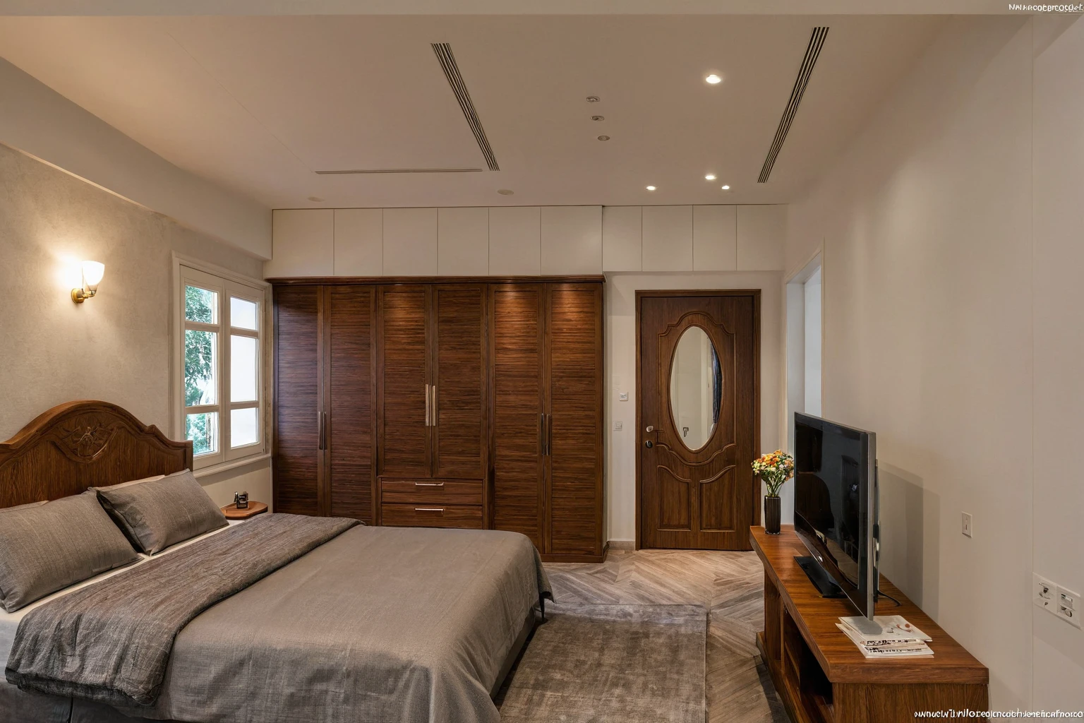 Raw photo,Masterpiece, high quality, best quality, authentic, super detail, interior, indoors, dinning room, kitchen room, style Indochine modern, minimalist line, aiaigroup , wooden, walnut veneer wood, led light, white paint wall, sofa, BED RooM