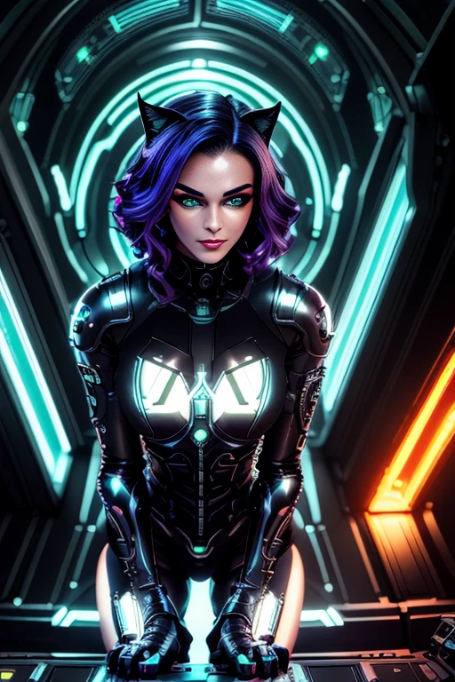 a cyberpunk catwoman, futuristic cyborg cat, mechanical cat, metal cat, robotic feline, intricate machinery, glowing eyes, neon lights, , dark moody atmosphere, dynamic composition, cinematic lighting, vibrant colors, digital art, 8k, high quality, masterpiece, photorealistic