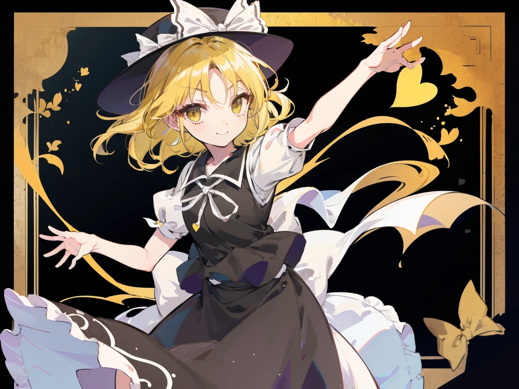 1girl, , , masterpiece, best quality, , medium blonde hair, forehead visible bags, yellow eyes, hat, heart, black headwear, puffy short sleeves, log black skirt, heart hads,,1girl, solo, yellow eyes, yellow hair, bow, hat bow, socks, black footwear, black skirt, short sleeves, yuki (touhou), black vest, white sleeves, frill skirt, light smile