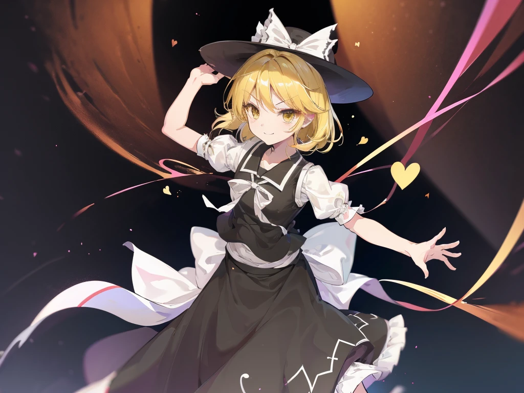 1girl, , , masterpiece, best quality, , medium blonde hair, forehead visible bags, yellow eyes, hat, heart, black headwear, puffy short ves, log black skirt, heart hads,,1girl, solo, yellow eyes, yellow hair, bow, hat bow, socks, black footwear, black skirt, short sleeves, yuki (touhou), black vest, white sleeves, frill skirt, light smile