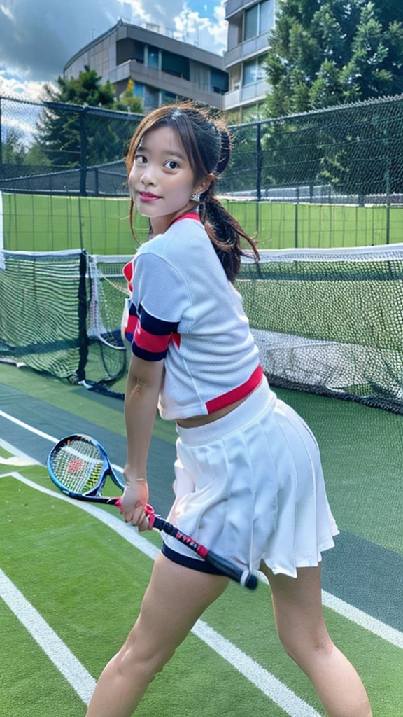 Describe a woman in a colorful baseball outfit, swinging a tennis racket with a determined expression on her face as she hits the ball back on a green tennis court under a clear dark sky. Her movements are powerful, and there are stands with spectators in the background,sweat,under shot,low angle,group,ahegao,orgasm,underboob:1.3,off shoulder colorful uni form