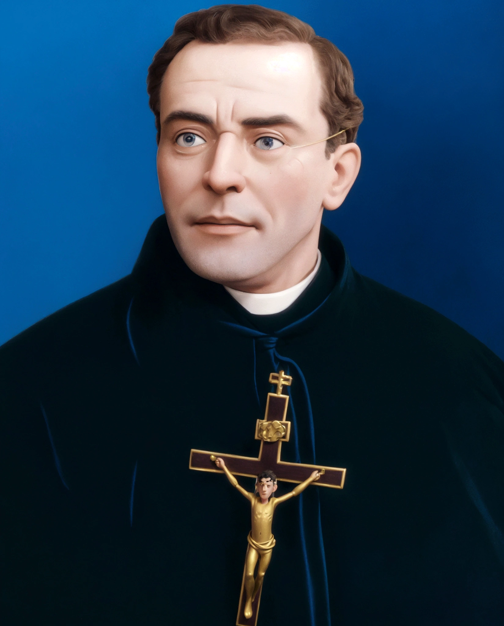 arafed image of a priest with a cross and a blue background, christian saint rosace, vittorio matteo corcos, vicotr hugo harmatiuk, stanisław szukalski, stanisław, bartolome ros, saint, henri berthaut, by Rudolf Koller, ladislaus eugen petrovit, inspired by Rudolf Koller