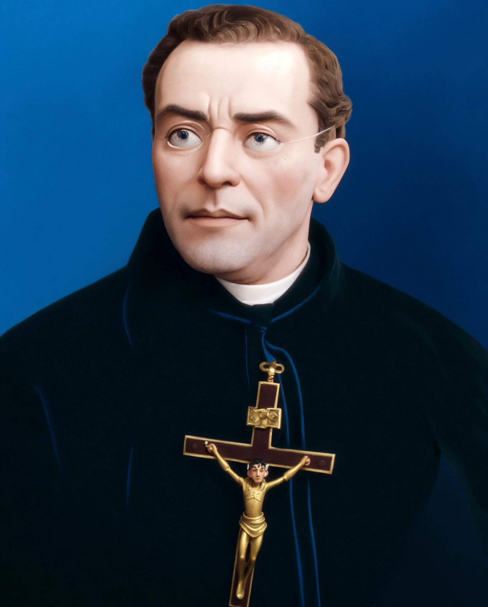 arafed image of a priest with a cross and a blue background, christian saint rosace, vittorio matteo corcos, vicotr hugo harmatiuk, stanisław szukalski, stanisław, bartolome ros, saint, henri berthaut, by Rudolf Koller, ladislaus eugen petrovit, inspired by Rudolf Koller