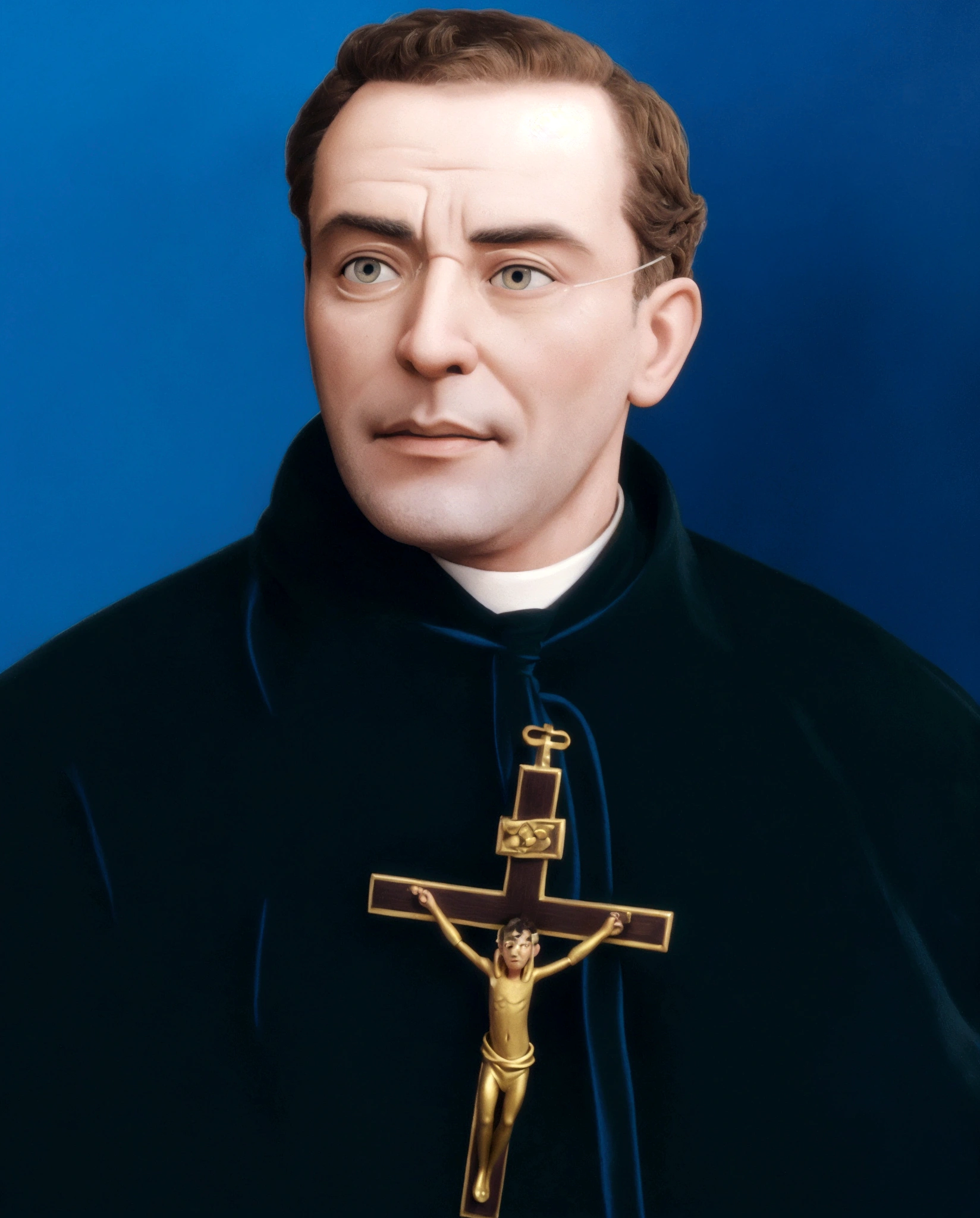 arafed image of a priest with a cross and a blue background, christian saint rosace, vittorio matteo corcos, vicotr hugo harmatiuk, stanisław szukalski, stanisław, bartolome ros, saint, henri berthaut, by Rudolf Koller, ladislaus eugen petrovit, inspired by Rudolf Koller