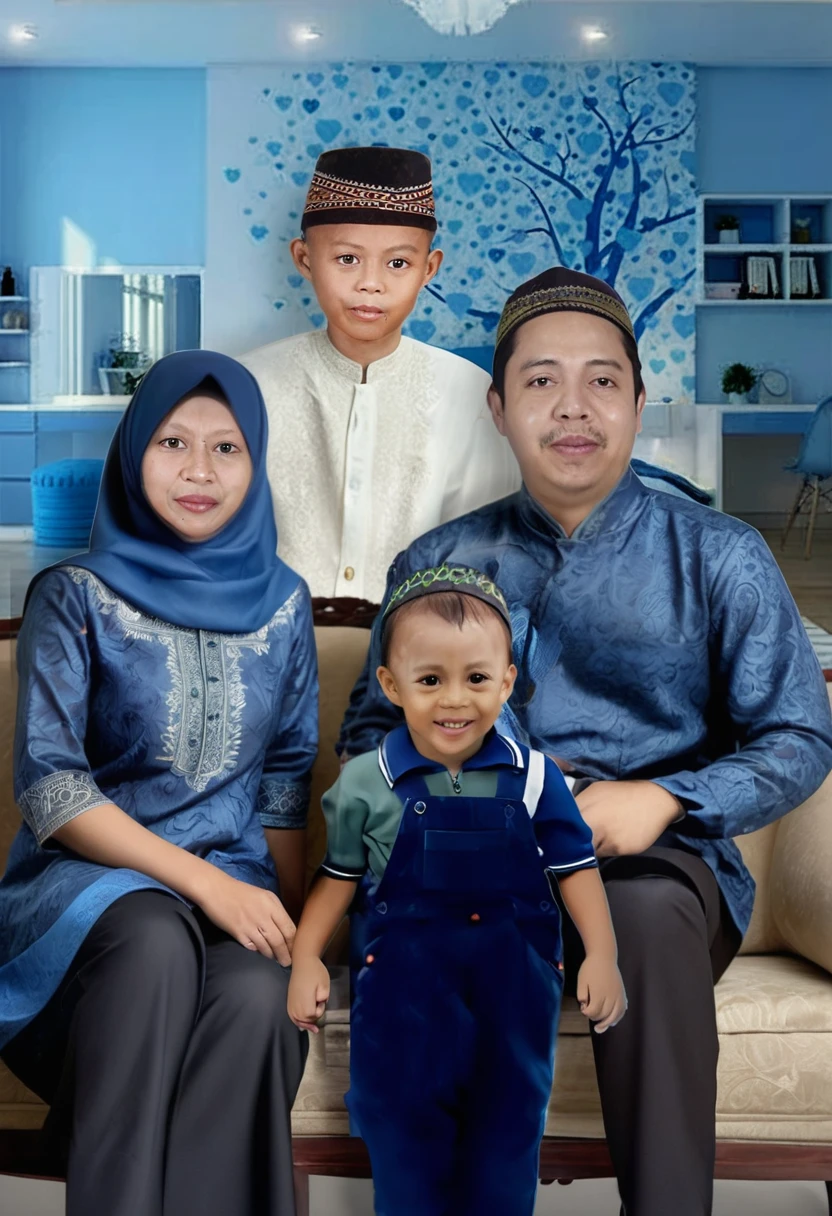 there are three people sitting on a couch with a baby, an indonesian family portrait, happy family, full protrait, barong family, family portrait, potrait, portrait picture, color portrait, realism artstyle, protrait, inspired by Basuki Abdullah, 1 / 4 portrait, photoshopped, photoshot, old picture, photo portrait, 3/4 portrait
