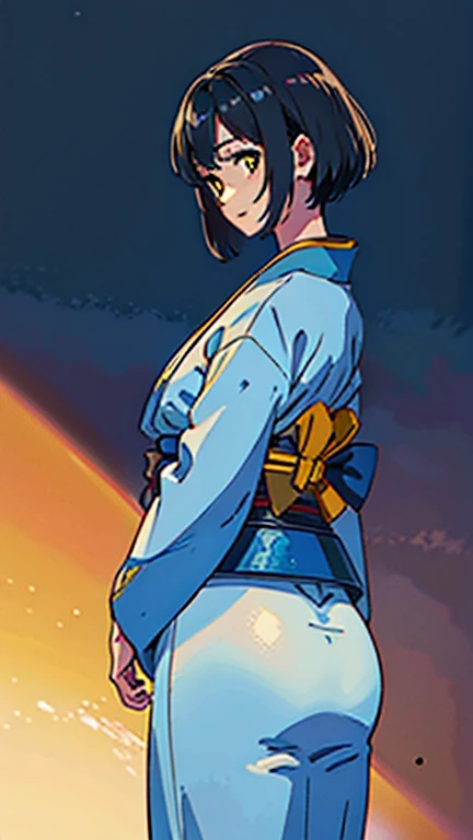 masterpiece, best quality, impressionismo, (Ultra High Resolution: 1.2), (RAW Photo: 1.2), ((dark skin)), short hair, yellow eyes, black hair, beautiful girl smiling, thin, full body, tall girl, ((white male-fighter kimono)), ((blue belt)), ((kawaii)), ((cute)), plan boobs, short boobs, small boobs, (small-medium-breasts:0.95), ((short chest)), ((big butt)), ((wide thigh)), fighting jiu jitsu, dojo background