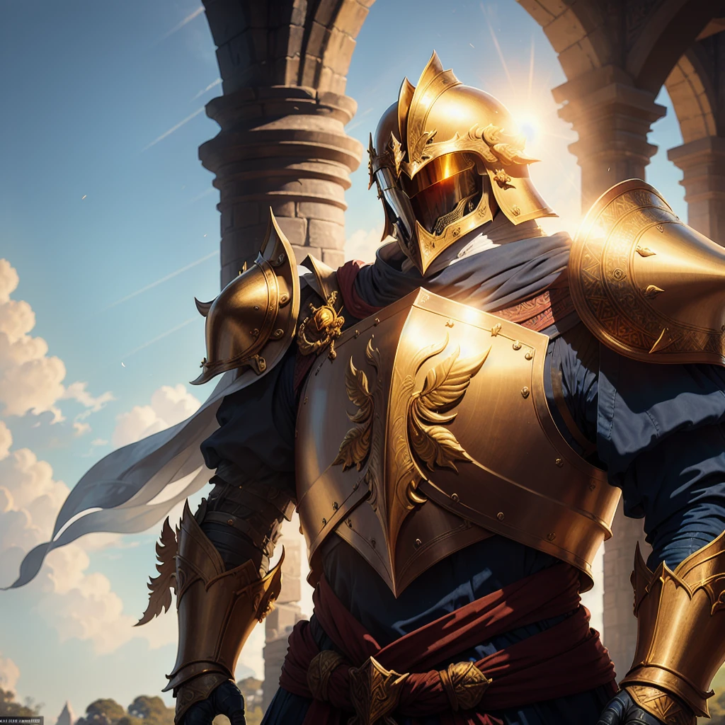 clearing, here is a refined description:

A stately cleric stands out in the bright sun, wearing full plate armor that is both functionally and aesthetically stunning. The polished surface of the armor reflects sunlight, Glistening with engraved symbols of dawn and rebirth, a silent testimony to the hope and new beginning promised by Lathander. The helmet, robust and imposing, It is adorned with golden details that resemble the first rays of the rising sun, culminating in a subtle red crest at the apex. The helmet visor, although it completely hides the cleric's face, It is pierced with strategic openings that allow vision without revealing its mysterious eyes. Burn spots mark the skin around reddened eyes, visible only through visor openings. Your red hair, long and alive like dancing flames, escape freely through the back of the helmet, cascading over your back in fiery waves.

