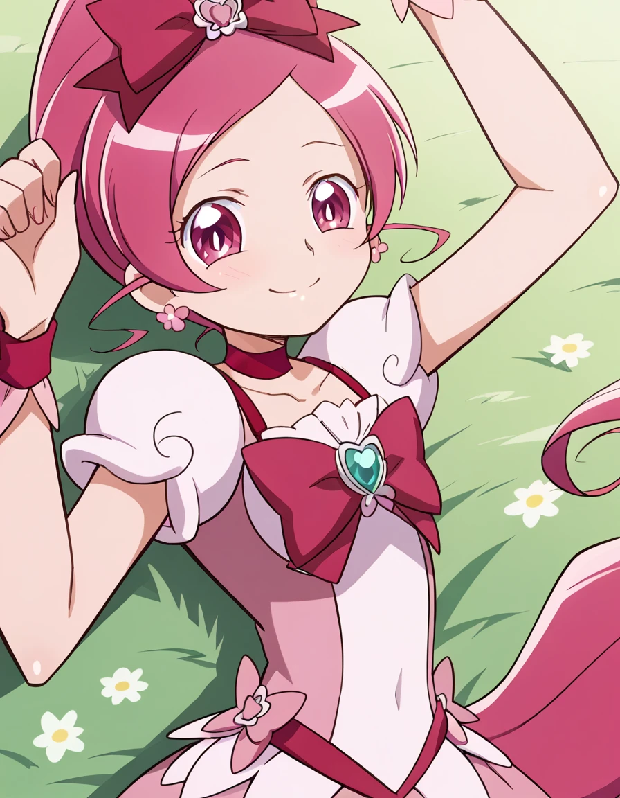 cureblossom, shiny skin, high quality, solo, lying, on back, arms up, spread arms, closed mouth, on grass, cowboy shot, looking at viewer, nervous, smile, best quality, center,