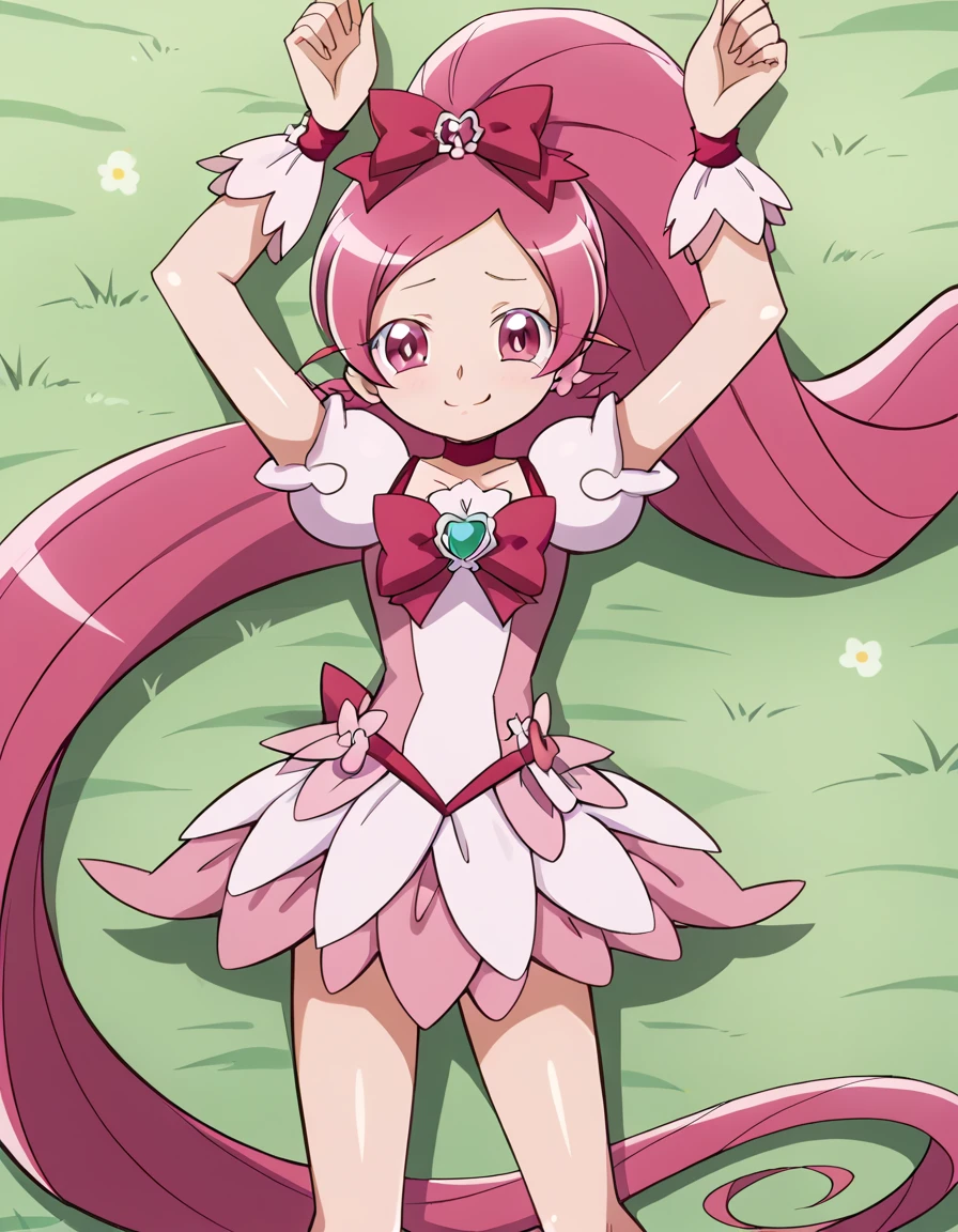 cureblossom, shiny skin, high quality, solo, lying, on back, arms up, spread arms, closed mouth, on grass, cowboy shot, looking at viewer, nervous, smile, best quality, center,