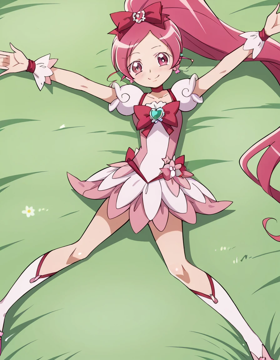 cureblossom, shiny skin, high quality, solo, lying, on back, arms up, spread arms, closed mouth, on grass, cowboy shot, looking at viewer, nervous, smile, best quality, center,