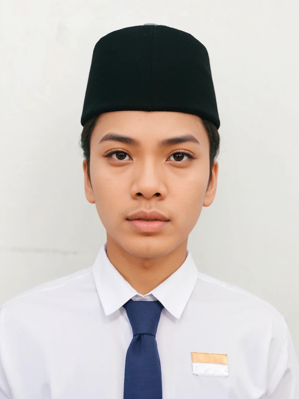 This photo will be used for the diploma, hitam putih dengan background terbaik, Hyper realistic image quality, the clothes worn are symmetrical right in the middle