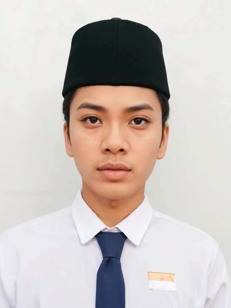This photo will be used for the diploma, hitam putih dengan background terbaik, Hyper realistic image quality, the clothes worn are symmetrical right in the middle