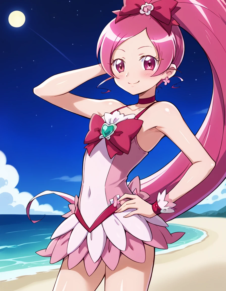 cureblossom, shiny skin, high quality, solo, 1girl, night sky, beach, arm behind head, hand on hip, sexy, (contrapposto), closed mouth, spread armpits, cowboy shot, looking at viewer, smile, best quality, blushing,