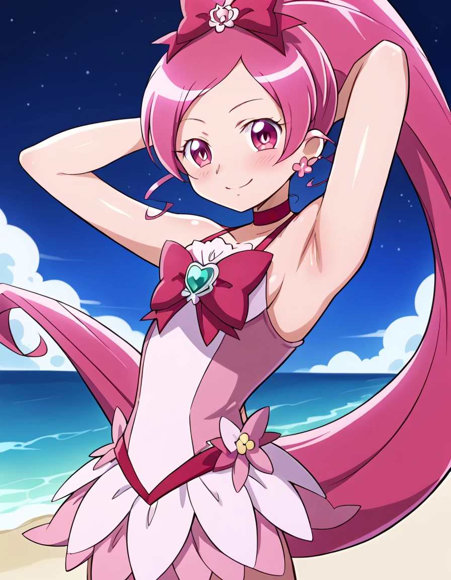 cureblossom, shiny skin, high quality, solo, 1girl, night sky, beach, arm behind head, hand on hip, sexy, (contrapposto), closed mouth, spread armpits, cowboy shot, looking at viewer, smile, best quality, blushing,