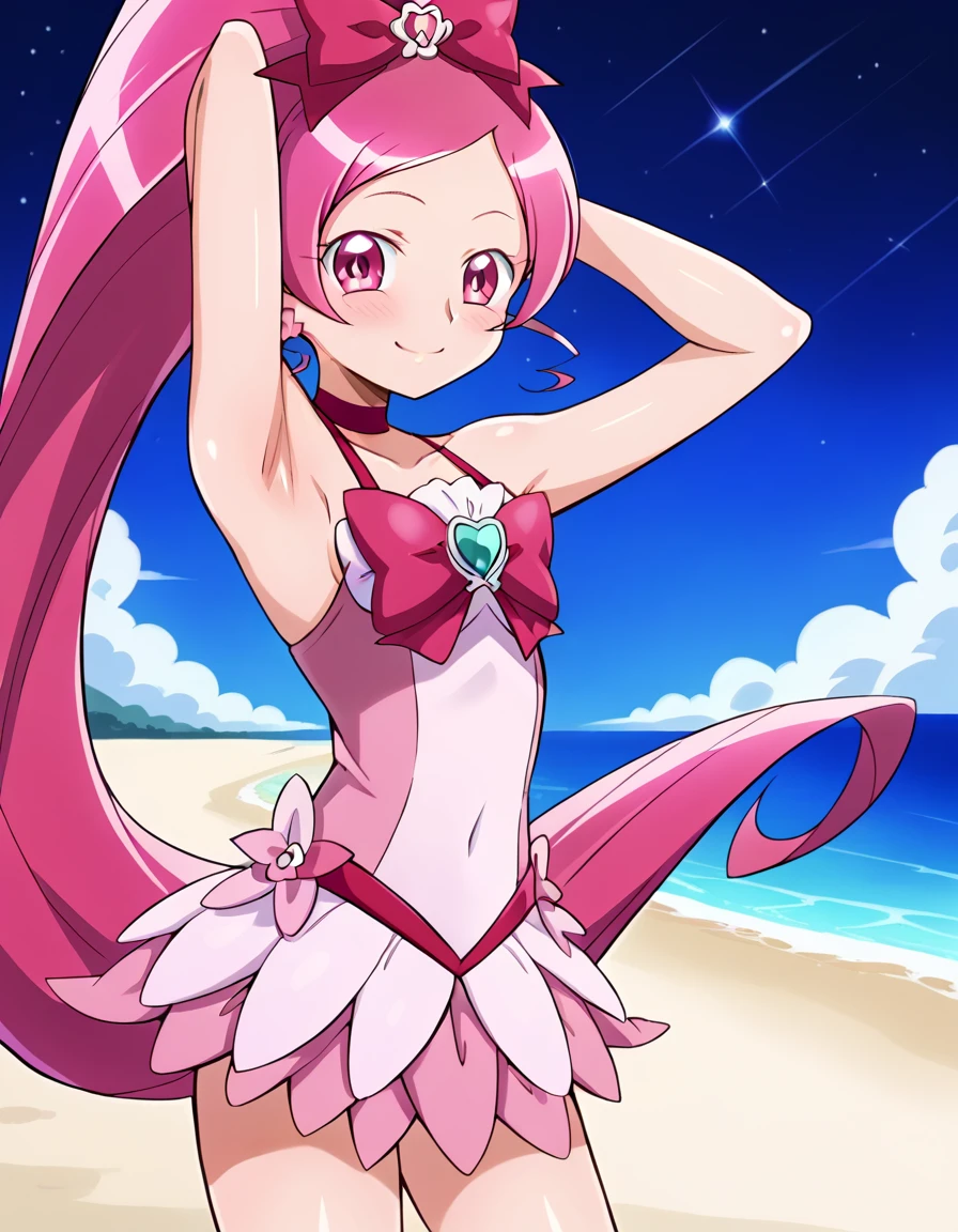 cureblossom, shiny skin, high quality, solo, 1girl, night sky, beach, arm behind head, hand on hip, sexy, (contrapposto), closed mouth, spread armpits, cowboy shot, looking at viewer, smile, best quality, blushing,