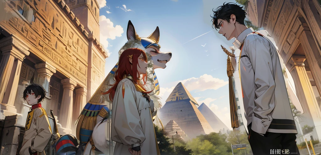 There is an Egyptian palace and a beautiful pyramid in the background