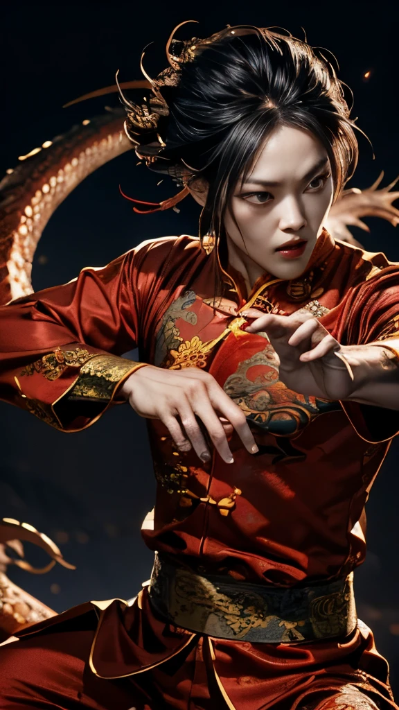 highres, realistic, 36 years old, Cheongsam, Chinese male, fighting form, Sharp eyes, background is a dragon