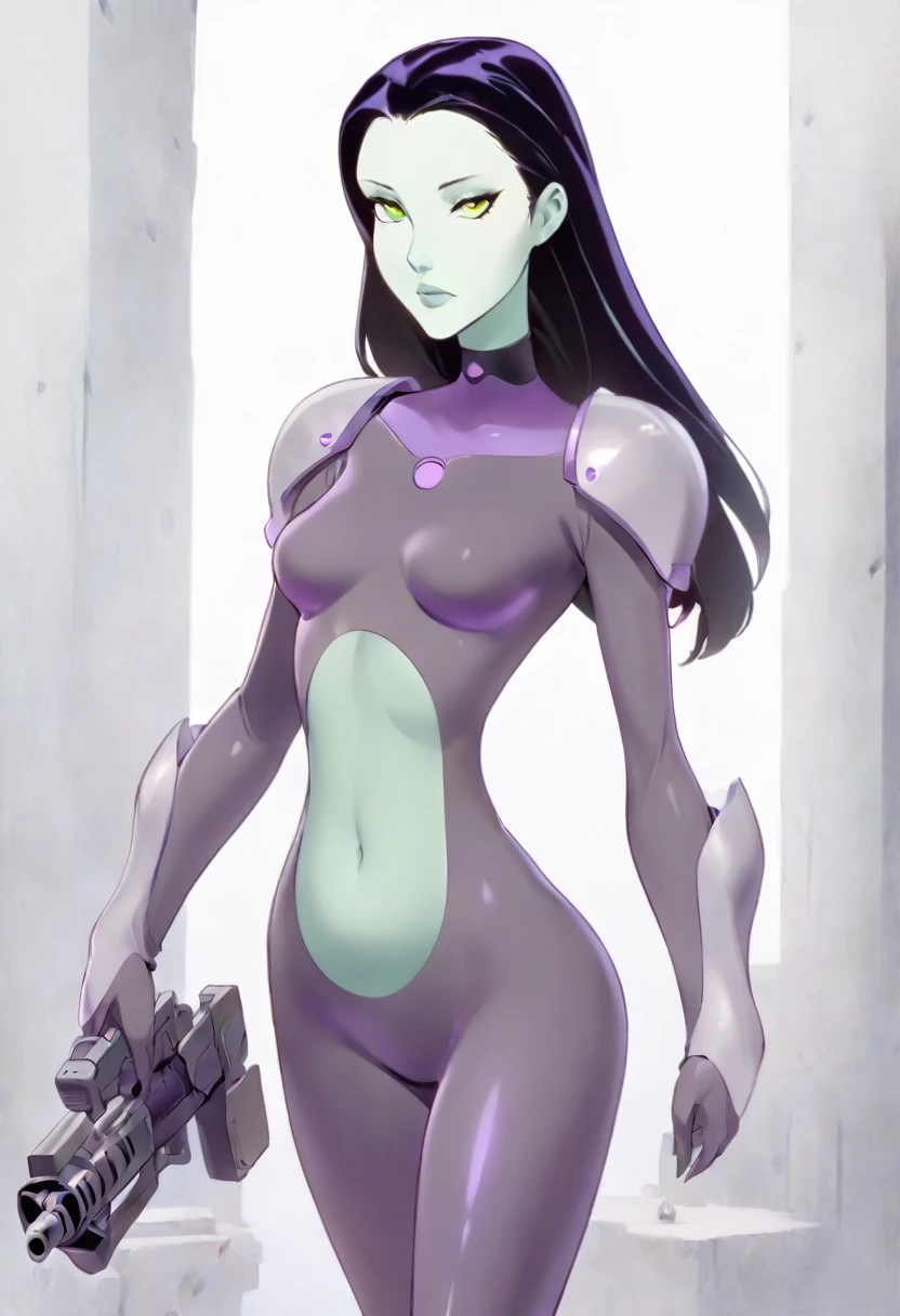 cartoon thin woman, long neck, long black hair, pale green skin, wearing a v-neck collar purple sci-fi body suit with thick armor covering her abdomen and chest. she is armed with an arm cannon, on her suit by her waist are some small gray circles 