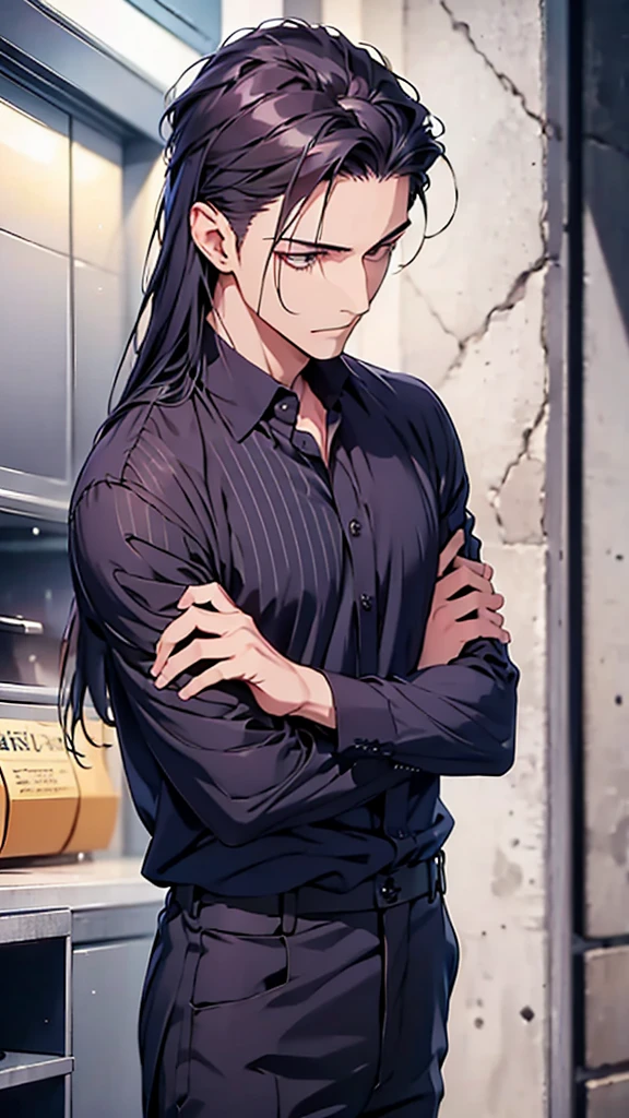 male、Navy blue shirt、Striped branded clothing、Thinking deeply