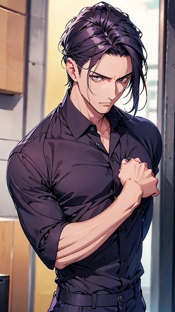 male、Navy blue shirt、Striped branded clothing、Thinking deeply