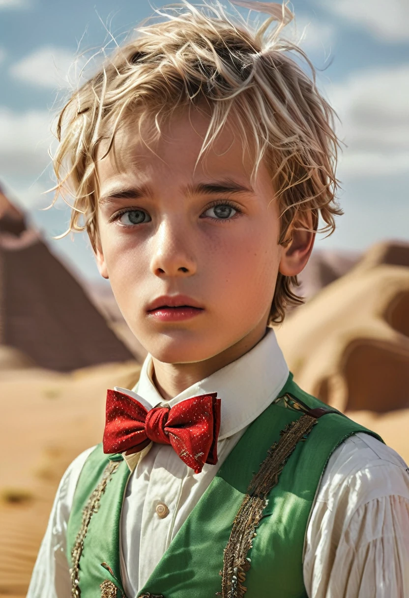 It depicts a scene of a blonde prince standing in the desert in a green outfit, gazing into the distance. He is wearing a red bow tie and a brown belt. Very handsome boy, 10 year old boy, young, boy like a model from Paris Fashion Week, beautiful detailed eyes, white skin, perfect face, high resolution, sharp focus, ultra detailed, highly detailed, photorealistic artwork, highly detailed CG unity, 8k, wallpaper, vibrant colors, vibrant themes, exquisite, masterpiece, best quality, artistic photography, photo by sldr, exquisite background) perfectly rendered face, perfect facial details, realistic face, photorealistic, exquisite details, realism, full body, toes drawn, wide field of view,