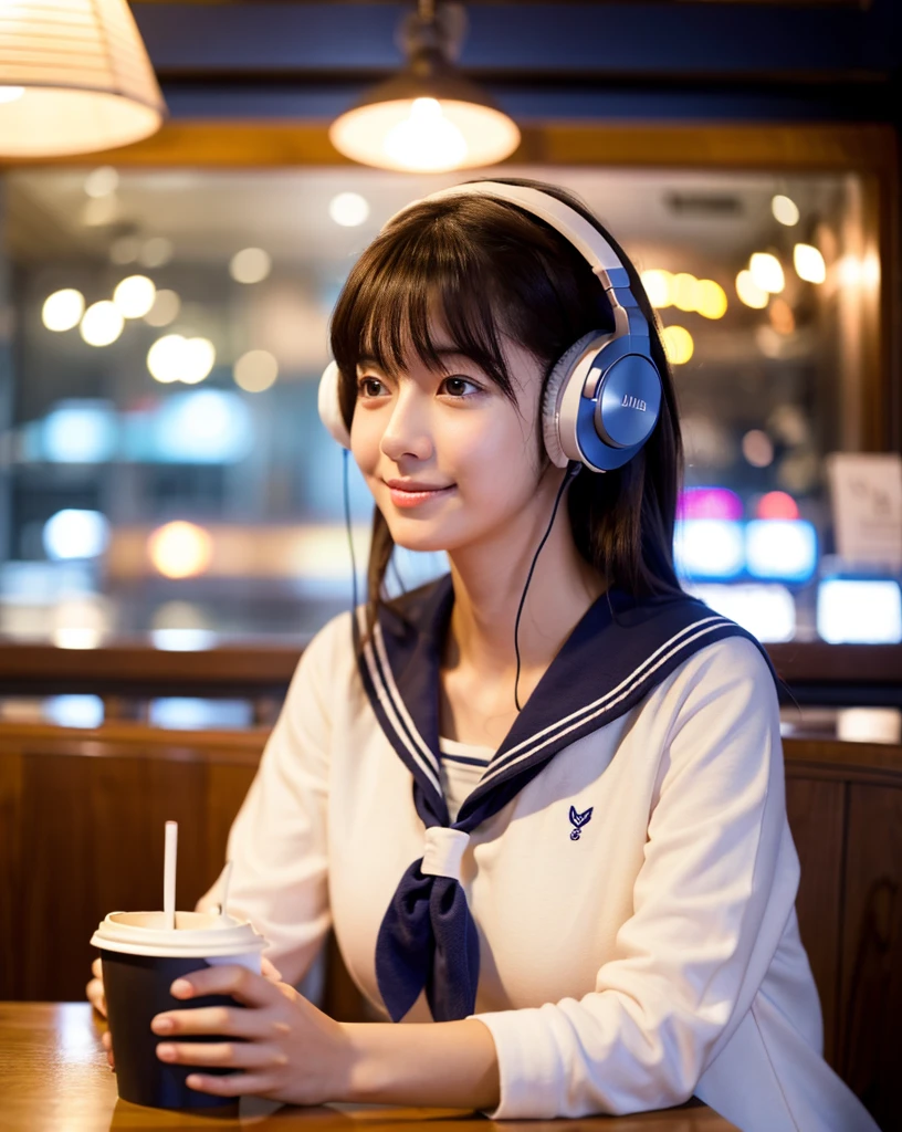Ultra HD、8ｋ、masterpiece、Beautiful single girl in sailor suit studying in a coffee shop while listening to music on headphones、clavicle, RAW Photo、pretty girl、Hands on headphones, Warm lighting、Beautiful night view、Japanese anime style、Big Breasts