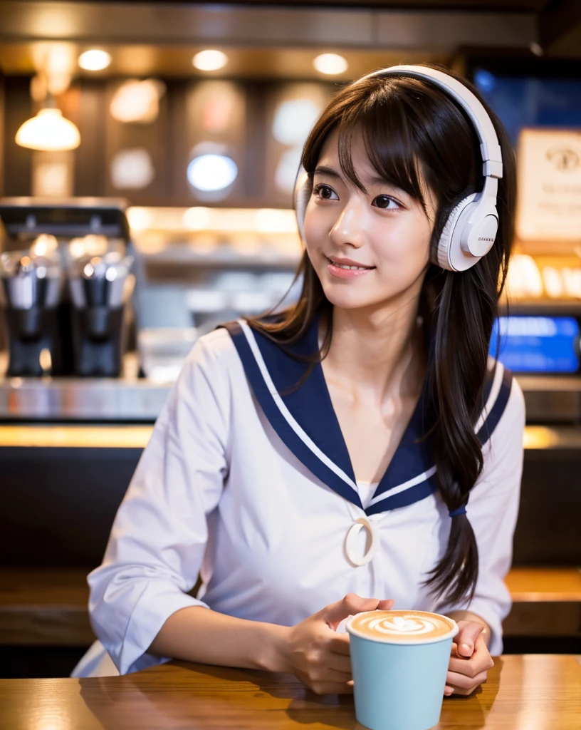 Ultra HD、8ｋ、masterpiece、Beautiful single girl in sailor suit studying in a coffee shop while listening to music on headphones、clavicle, RAW Photo、pretty girl、Hands on headphones, Warm lighting、Beautiful night view、Japanese anime style、Big Breasts