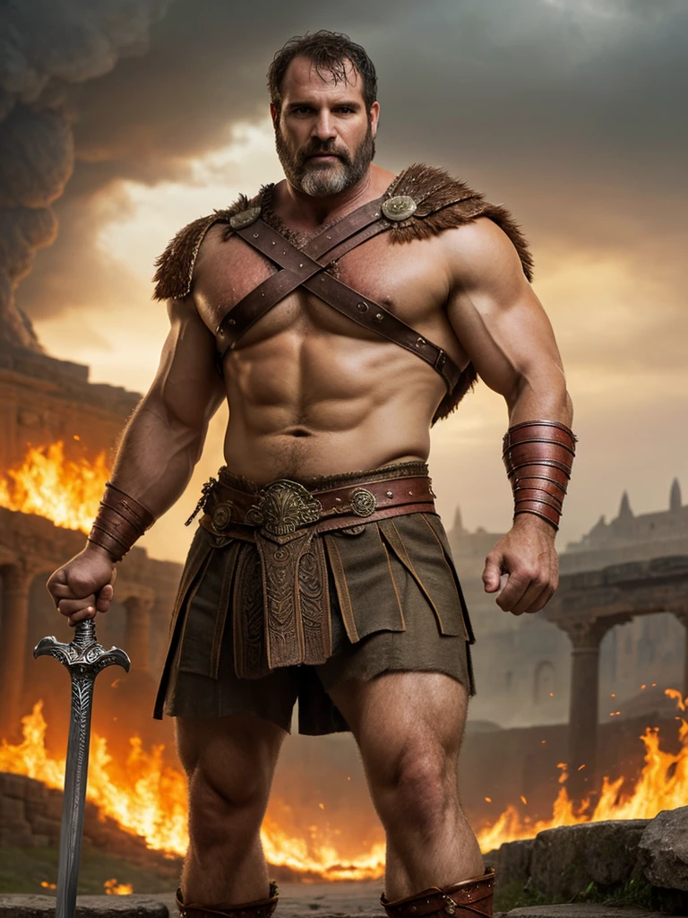 (Masterpiece) Detailed, intricate, epic fantasy, colorful, full body, slight angle, man, 50 years old, in EmotionScape style, very hulking, brawny, fitted, ankle wraps, very hairy hot torso, big strong hands, fine detailed, running, intense action, dynamic juxtaposition, skimpy revealing slavery outfit, receding hairline, smirk, gladiator, with a sword, blades, big ancient city on fire in the background, heavy rain, smoggy, pointing away, depth of field, particle effects, high quality shadows, intense action, aggressive digital illustrations, emotive landscapes,