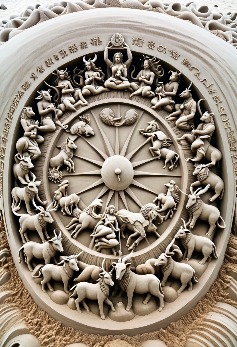 Sand sculpture style, The incarnations of the twelve zodiac signs gathered together，Each showing unique abilities，symbiosis，Symbolizes the cycle of time，Strong sense of déjà vu。