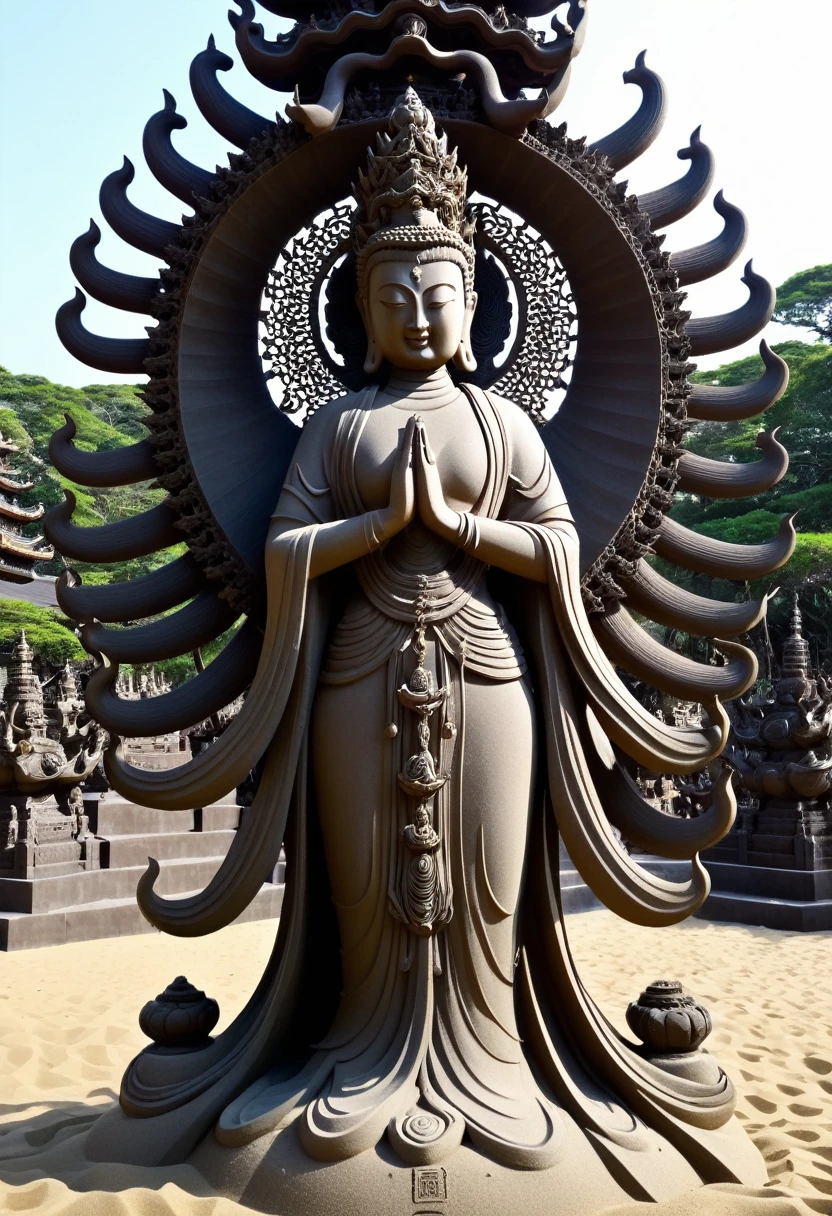 Sand sculpture style, Thousand-armed Guanyin extends countless compassionate hands,Pudu sentient beings,The mana is boundless,Comforting the world's suffering,Strong sense of déjà vu。
