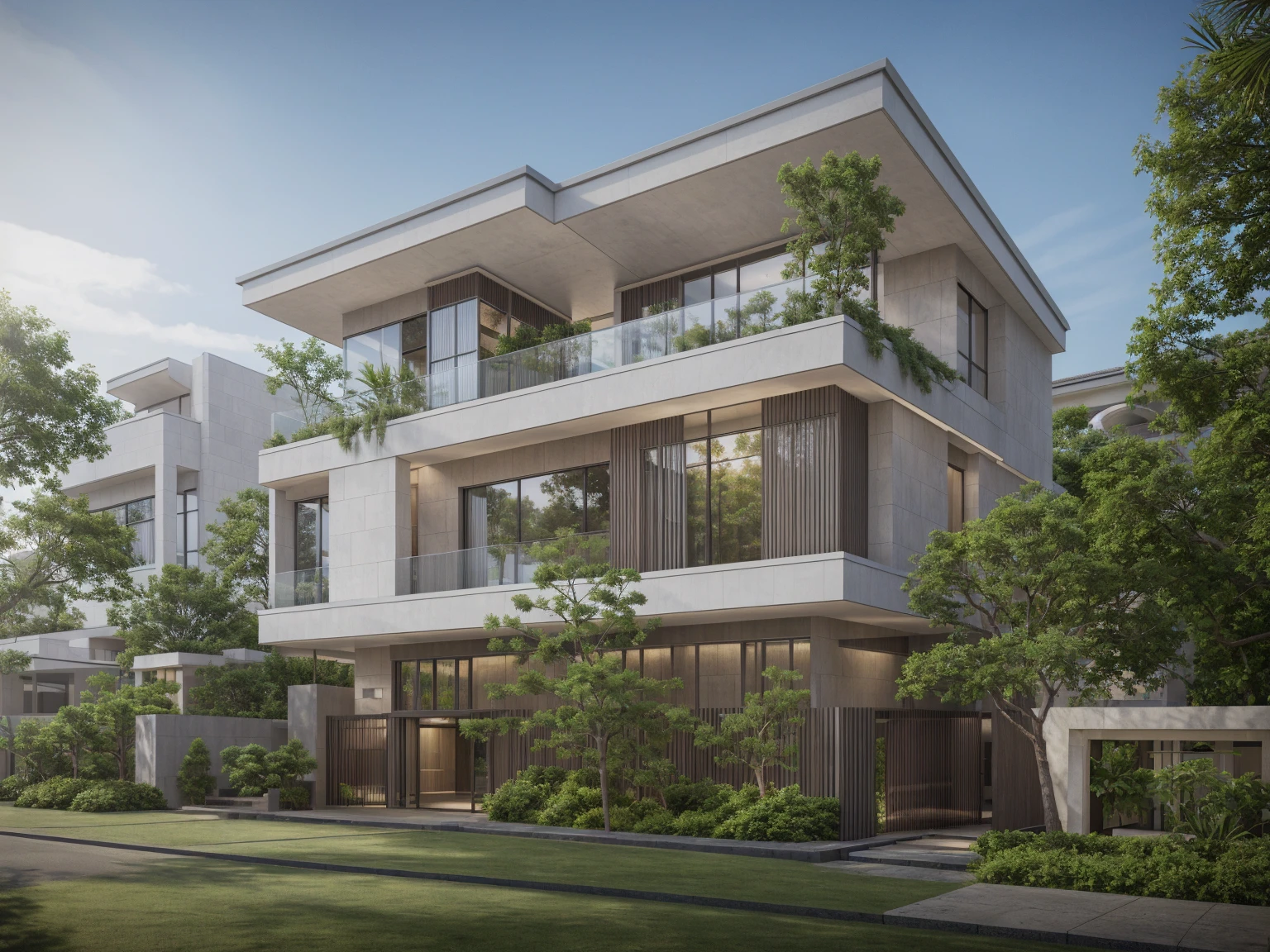RAW photo, Exterior of two story white modern house, road, ((sidewalk)), ((sidewalk trees)), residences area, day time, tropical trees and plants, (high detailed:1.2), 8k uhd, dslr, soft lighting, high quality, film grain, Fujifilm XT3)