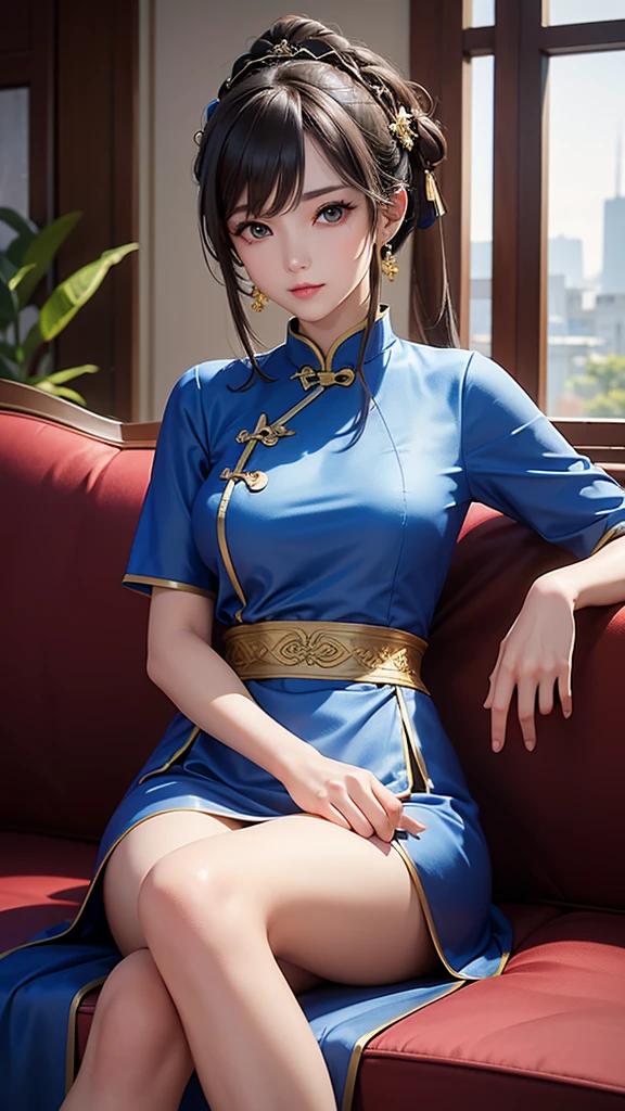 1_girl, solo, sksbrooke person, sksbrooke, (masterpiece:1.2), (best quality:1.2), perfect eyes, perfect face, 1girl, solo, brown eyes, (medium breasts), perky breasts, wearing a blue cheongsam, living room background, sitting on couch, leg spread 