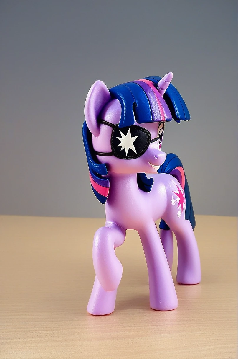 score_9, score_8_up, score_7_up, score_6_up, score_5_up, score_4_up, score_9, feral, future twilight sparkle, eyepatch, (pvc figure style:1.4), figure, (best quality, masterpiece), traditional media, basic background, blurry background, cowboy shoot:1.3, (foggy background, inside, clear room, on table:1.2)