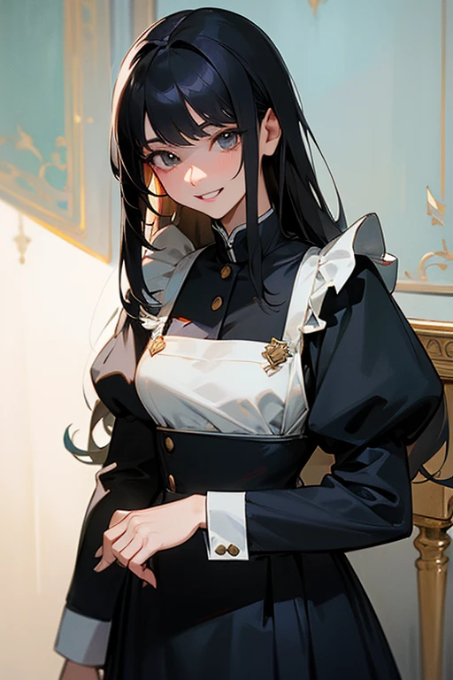 (Highest Resolution, clear_image) Highest quality, One woman, alone, masterpiece, Very detailed, Semi-realistic, Black Hairのショートヘア, Black Hair, bangs, 18-year-old, mature, light blue uniform, uniform, Indoor Background, kind, Authoritative, Powerful, exquisite features, exquisite features、Eyelashes become longer、Showing teeth、smile😀、Maid clothes、woman'Fingers in the、Sleeping on the sofa、Long Hair、Fluttering in the wind、Navy blue clothes、Long Hair、I'Carrying the plate、Long Hair、Laugh gently、Braid、