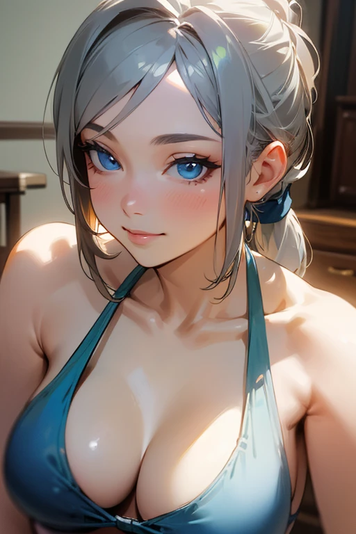 (masterpiece: 1.2, Highest quality), (Actual Photos, Intricate details), 1. woman, alone, Upper Body, casual, Shoulder-length hair, Minimal makeup, Natural materials, Face close-up, smile, Home, Gray Hair, blue eyes, Shoulder Bare、ponytail、Swimwear、