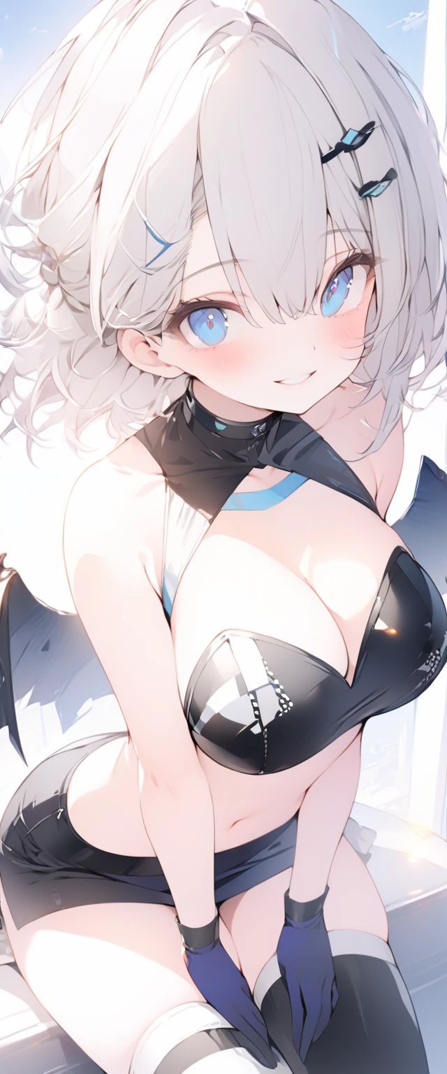 beautiful, masterpiece, Highest quality, anime, One girl, C Cup,Portrait Shot, View your viewers, Covered、Short Hair、nearby、Blue Eyes、art、、White hair,Blue streaked hair、wallpaper、hairpin、Cute smile、Thighs、navel、Black and White_Open race queen、Blue-black_Gloves、Blue-black_Knee-high boots、、Cute、Blue-black_Short skirt、circuit、blue sky、Blue-black_High leg、Leather material