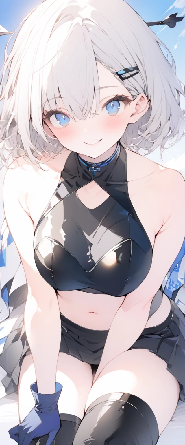 beautiful, masterpiece, Highest quality, anime, One girl, C Cup,Portrait Shot, View your viewers, Covered、Short Hair、nearby、Blue Eyes、art、、White hair,Blue streaked hair、wallpaper、hairpin、Cute smile、Thighs、navel、Black and White_Open race queen、Blue-black_Gloves、Blue-black_Knee-high boots、、Cute、Blue-black_Short skirt、circuit、blue sky、Blue-black_High leg、Leather material