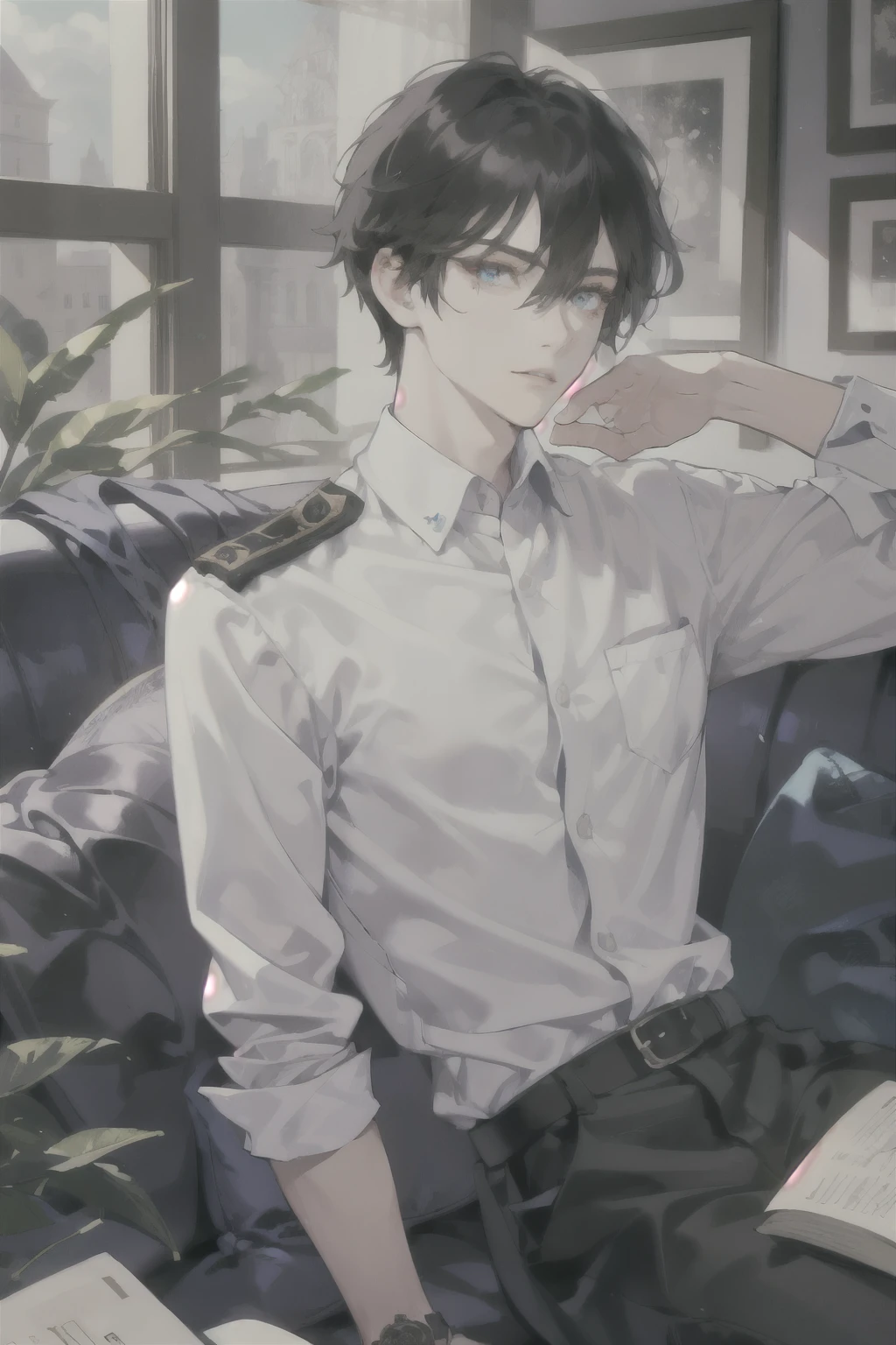 masterpiece, best quality, ultra detailed, (solo man), (male focus), ((Oblong face)), ((Square jawline)), black hair, ((hairs between eyes)), ((shoulder length)), ((narrow blue eye)), fair skin, skinny body, beauty mark, {uniform, outfit, clothes}, dress shirt, watch, sitting on sofa, read a book, ((looking away))