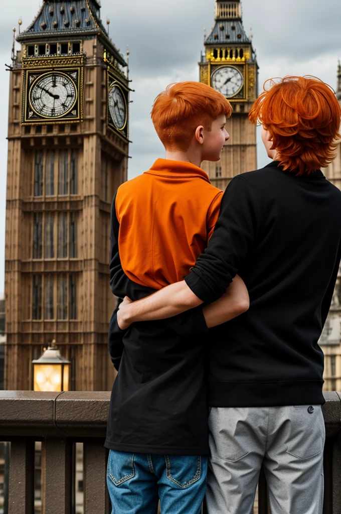 Create an image of a boy and a girl with their backs to each other watching Big Ben. The girl has orange hair and the boy has black. 