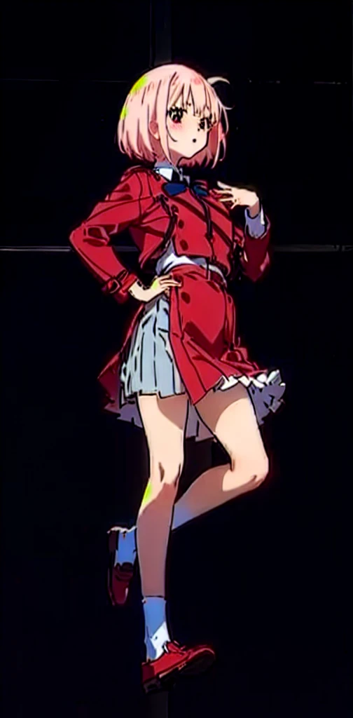 Anime girl in a red coat and skirt, Lift up your skirt、Blushing、Showing panties、Pull up your skirt、Short Hair
