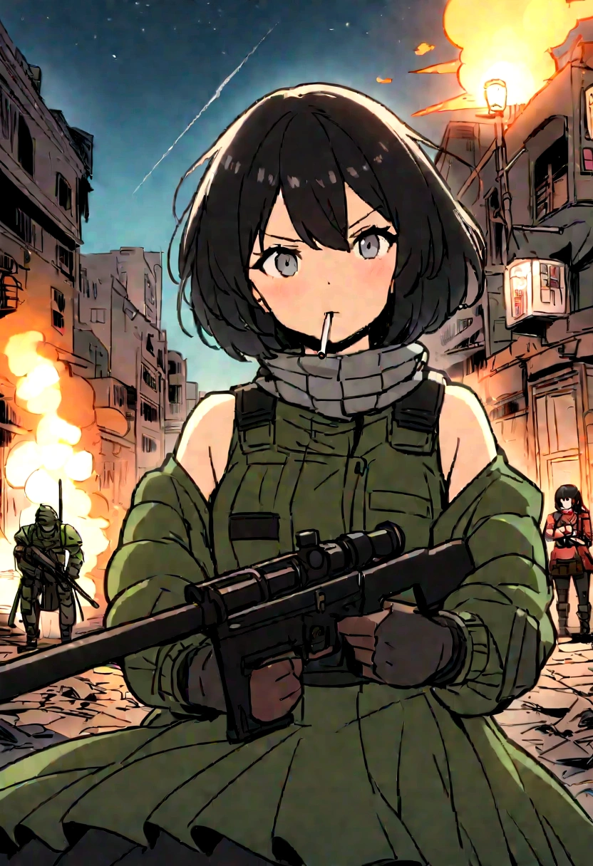 重tank、KV-1、Personification、tankのパーツ、mechanical、Armor、tankの艤装、tankの部品でできた服、tankの部品が付いた服、Highest quality、high resolution、Detailed Description、Detailed Background、Accurate depiction、tank、tank娘、Personification、tankのPersonification、animeスタイル、anime、girl、battlefield、rubble、黒cigarette、cigarette、Hold a sniper rifle、Thick muzzle、Black Short Hair、Sharp Eye、cute、night、battle、Urban area、Destroyed City
