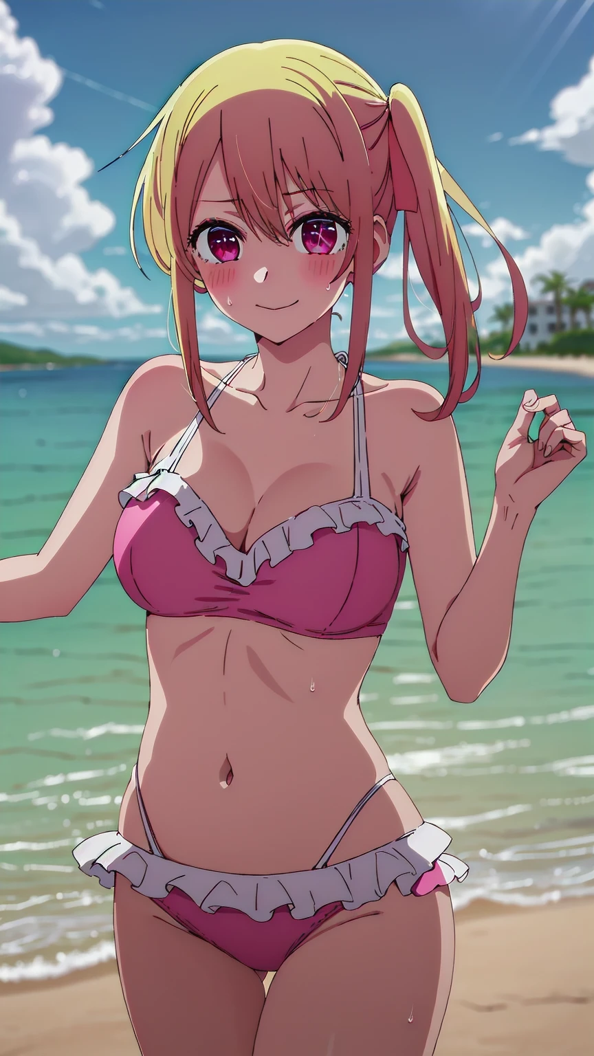 best quality, masterpiece, highres, solo, {ruby_oshinoko:1.15}, blonde_hair, bangs, long_hair, blush, closed_mouth,  1girl,pink_eyes,  hair_between_eyes, hair_ribbon, pink_ribbon, ribbon, red_eyes,Smiling, looking at the viewer, Bikini,blue theme, blue background, cloudy sky, sunlight, sweat, orgasmic, bikini swimsuit, large breasts, cleavage, belly button exposed, collarbone, thighs, sea and beach,