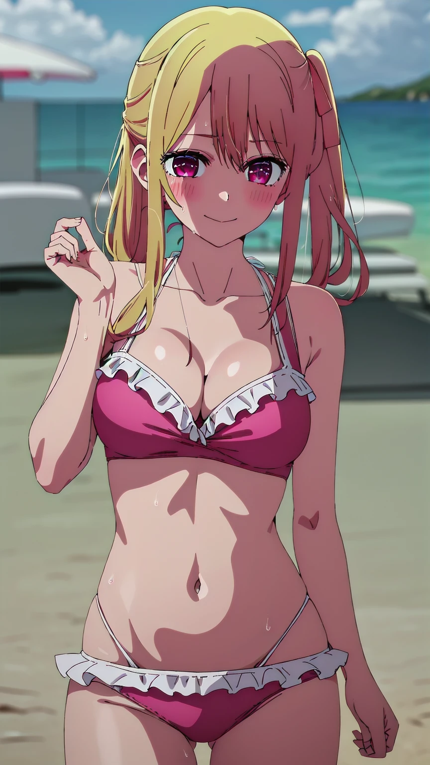 best quality, masterpiece, highres, solo, {ruby_oshinoko:1.15}, blonde_hair, bangs, long_hair, blush, closed_mouth,  1girl,pink_eyes,  hair_between_eyes, hair_ribbon, pink_ribbon, ribbon, red_eyes,Smiling, looking at the viewer, Bikini,blue theme, blue background, cloudy sky, sunlight, sweat, orgasmic, bikini swimsuit, large breasts, cleavage, belly button exposed, collarbone, thighs, sea and beach,