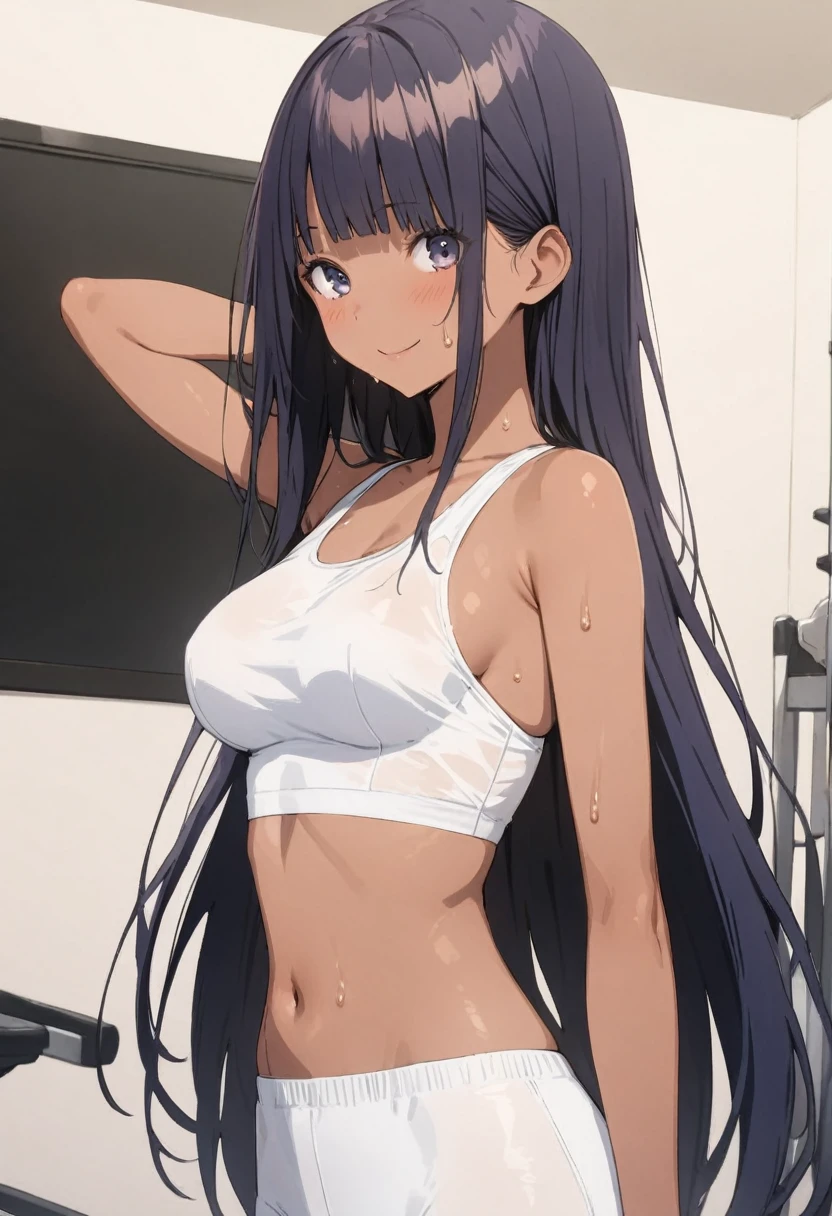 (((masterpiece, Highest quality:1.5,absurdres))),25 year old beauty,(dark blue hair),((very small head:1.3)),long hair,bangs,dark blue eyes,gorgeous eyes,smile,medium breasts,((very long body:1.3)),((toned body,slender body)),skinny,(((tan skin:1.3))),gleaming skin,shiny skin,sweat,White sports bra、navel、White sports shorts、During training、sports gym、