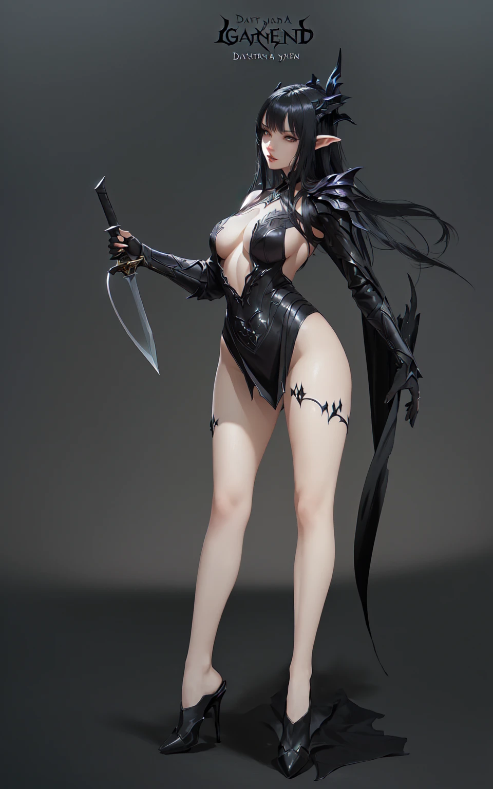 A man in a tights、Close-up of woman holding sword, Dark witch full body pose, Succubus in tight skirt, Dark Witch Panorama, beautiful Whole body concept art, Dark Witch Character, Dark Elf Princess, Full body fairy, Whole body concept, dark fantasy character design, Morgana in League of Legends